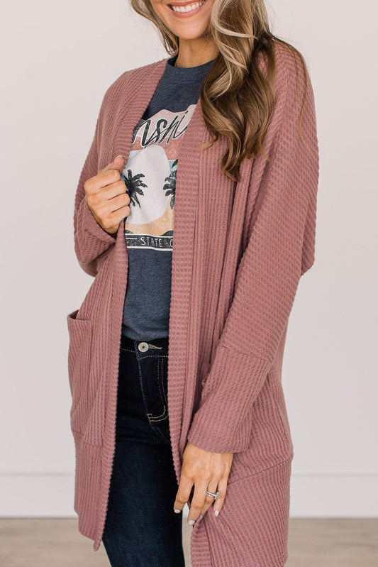 Mineral Red Solid Color Waffle Knit Cardigan with Pocket Mineral Red 67%Polyester+30%Viscose+3%Elastane Cardigans JT's Designer Fashion