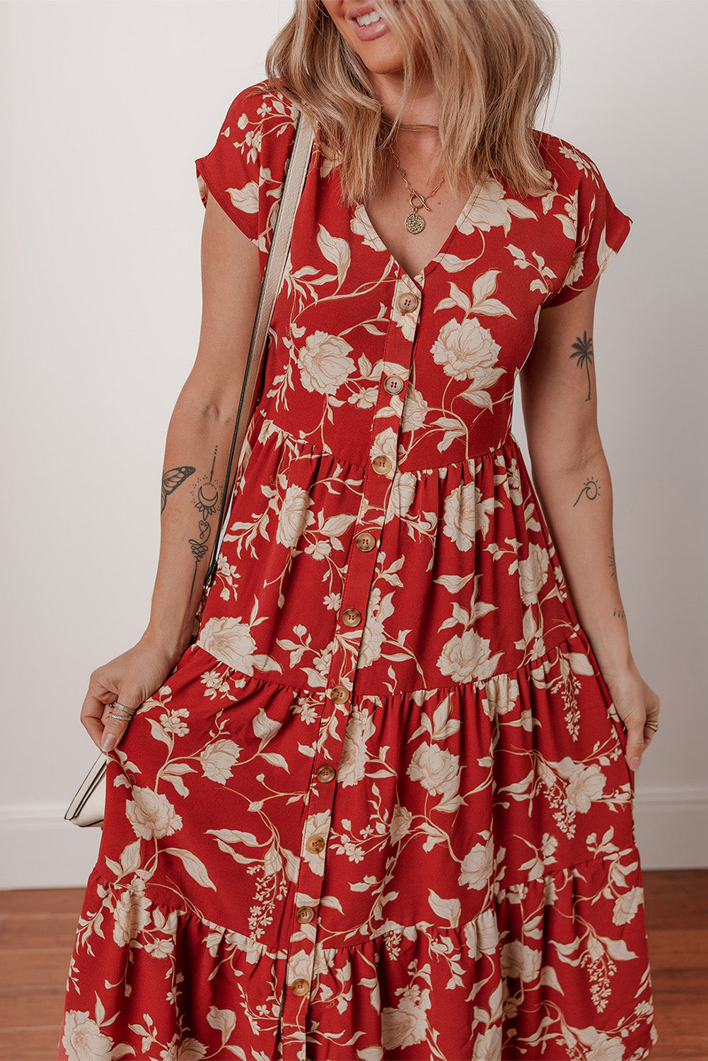 Red Floral Print Buttoned Front V Neck Tiered Short Sleeve Midi Dress Midi Dresses JT's Designer Fashion
