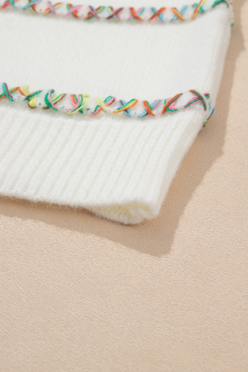 White Colorful Crossed Stitch Drop Shoulder Sweater Sweaters JT's Designer Fashion