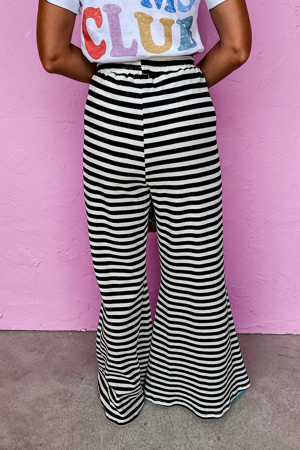 Black Stripe Lace-up Waist Casual Flared Pants Pants & Culotte JT's Designer Fashion