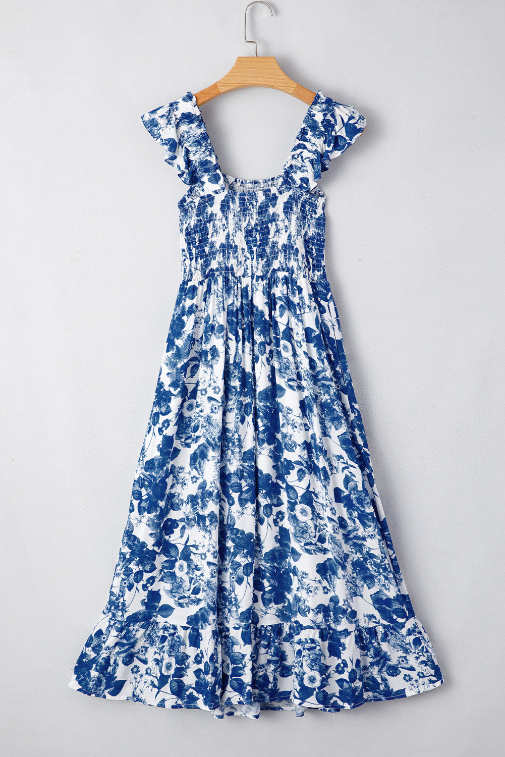 Blue Floral Ruffle Strap Square Neck Smocked Bodice Midi Dress Floral Dresses JT's Designer Fashion