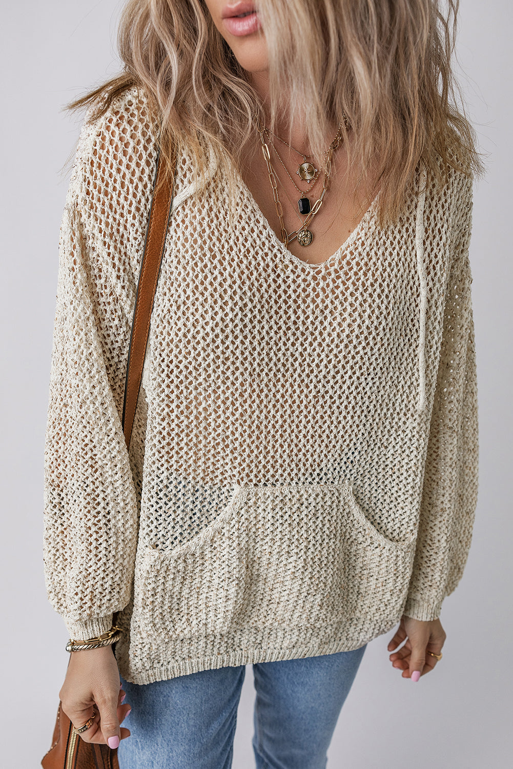 Jet Stream Hollow-out Kangaroo Pocket V Neck Hooded Sweater Sweaters JT's Designer Fashion