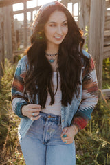 Multicolor Aztec Print Frayed Hem Denim Jacket Denim Jackets JT's Designer Fashion