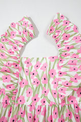 Pink Floral Print Square Neck Ruffled Strap Maxi Dress Floral Dresses JT's Designer Fashion