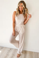 White Ribbed Texture Checkered Print 2pcs Tank and Pants Set Pant Sets JT's Designer Fashion