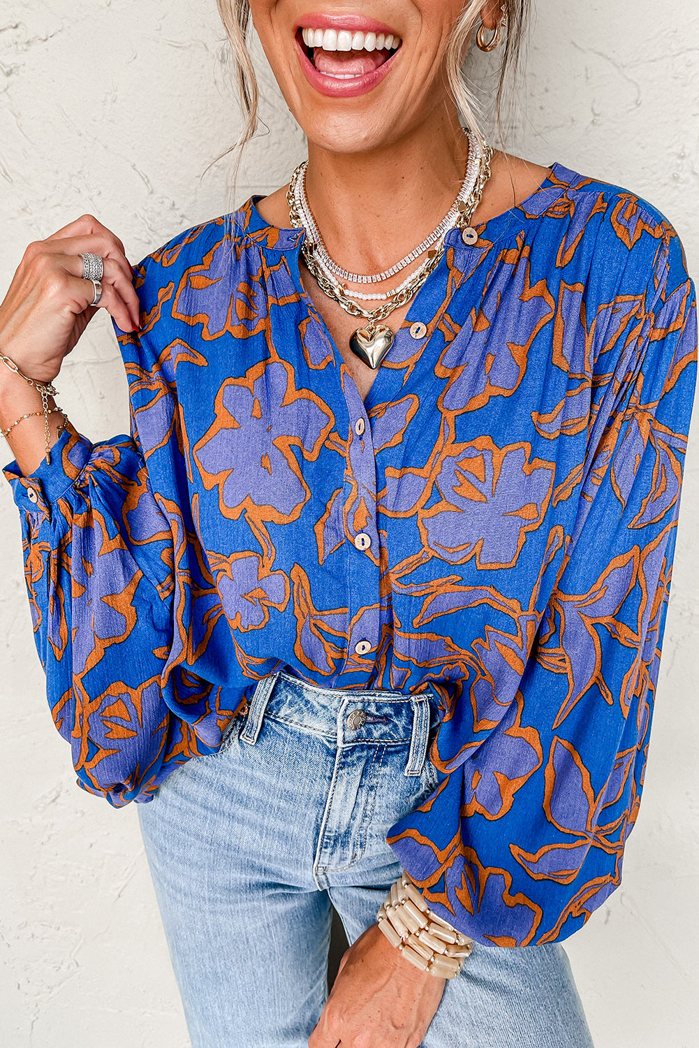 Blue Floral Print Batwing Sleeve Buttoned Loose Fit Shirt Blue 100%Viscose Blouses & Shirts JT's Designer Fashion