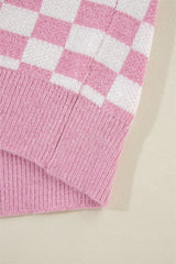 Pink Checkered Buttons Collar V Neck Drop Shoulder Sweater Sweaters JT's Designer Fashion
