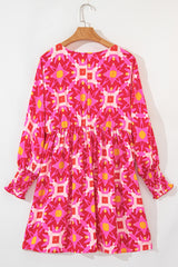 Strawberry Pink Geometric Print Smocked Long Sleeve Mini Dress Mini Dresses JT's Designer Fashion