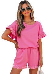 Bright Pink Textured Pearled Ruffle Sleeve Top 2 Piece Shorts Set Short Sets JT's Designer Fashion