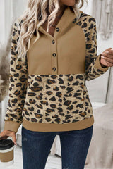 Light French Beige Leopard Print Patchwork Raglan Sleeve Half Buttons Hoodie Sweatshirts & Hoodies JT's Designer Fashion