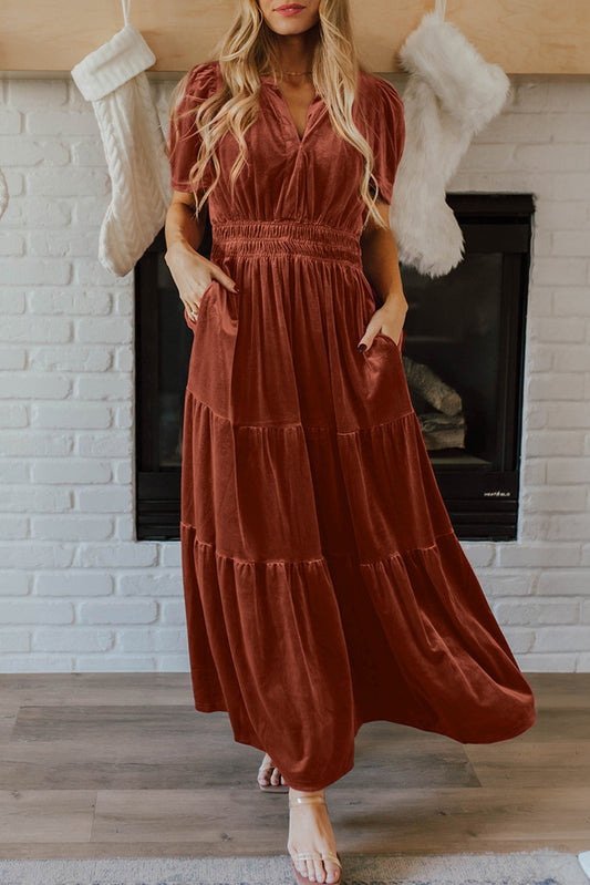 Chestnut Velvet Short Sleeve Shirred Waist Tiered Long Dress Chestnut 95%Polyester+5%Elastane Maxi Dresses JT's Designer Fashion