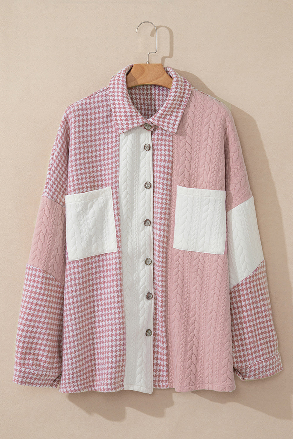Pink Houndstooth Color Contrast Textured Patchwork Loose Shacket Jackets JT's Designer Fashion