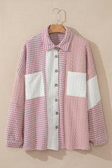 Pink Houndstooth Color Contrast Textured Patchwork Loose Shacket Jackets JT's Designer Fashion