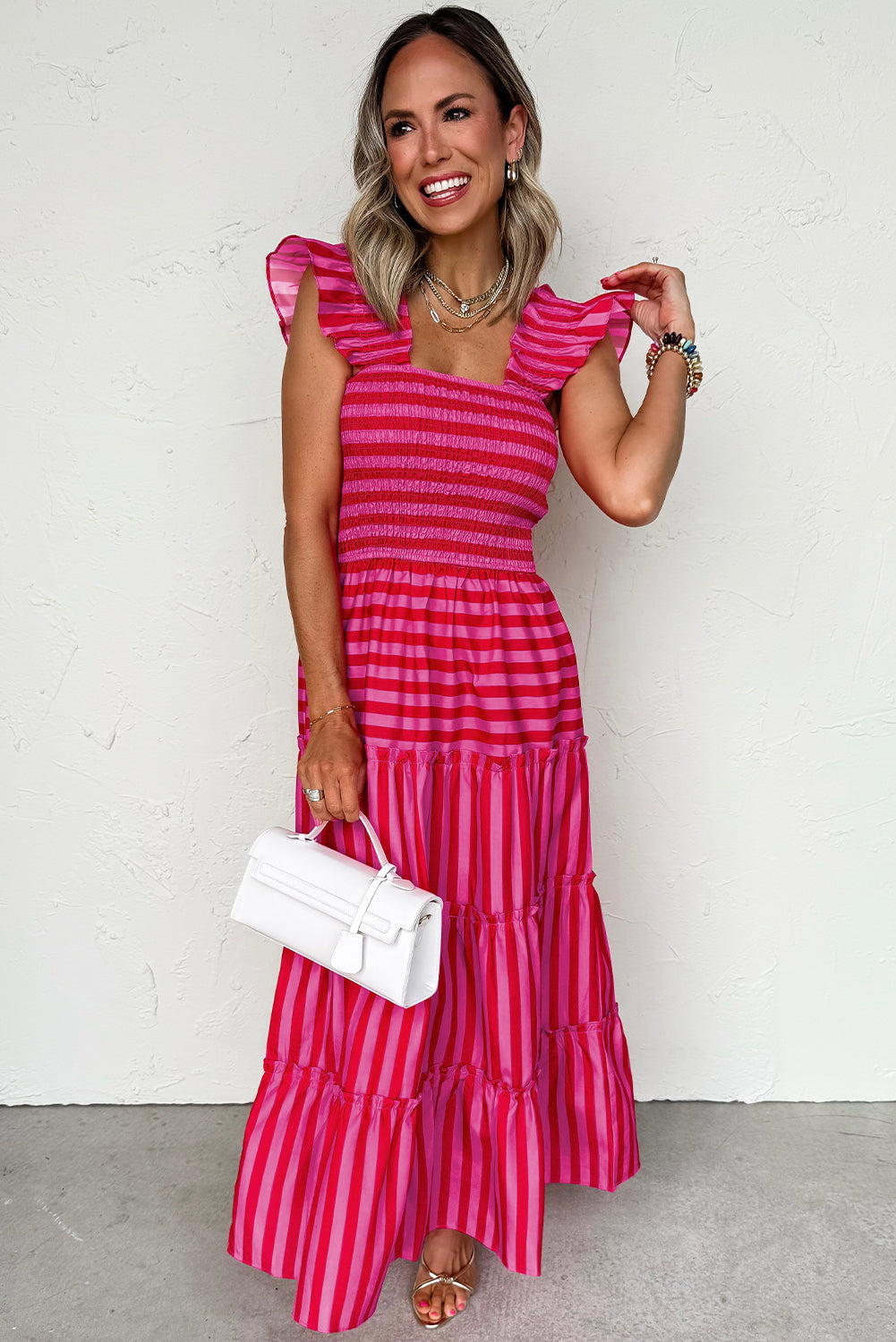 Rose Stripe Flutter Sleeve Smocked Bodice Tiered Maxi Dress Dresses JT's Designer Fashion
