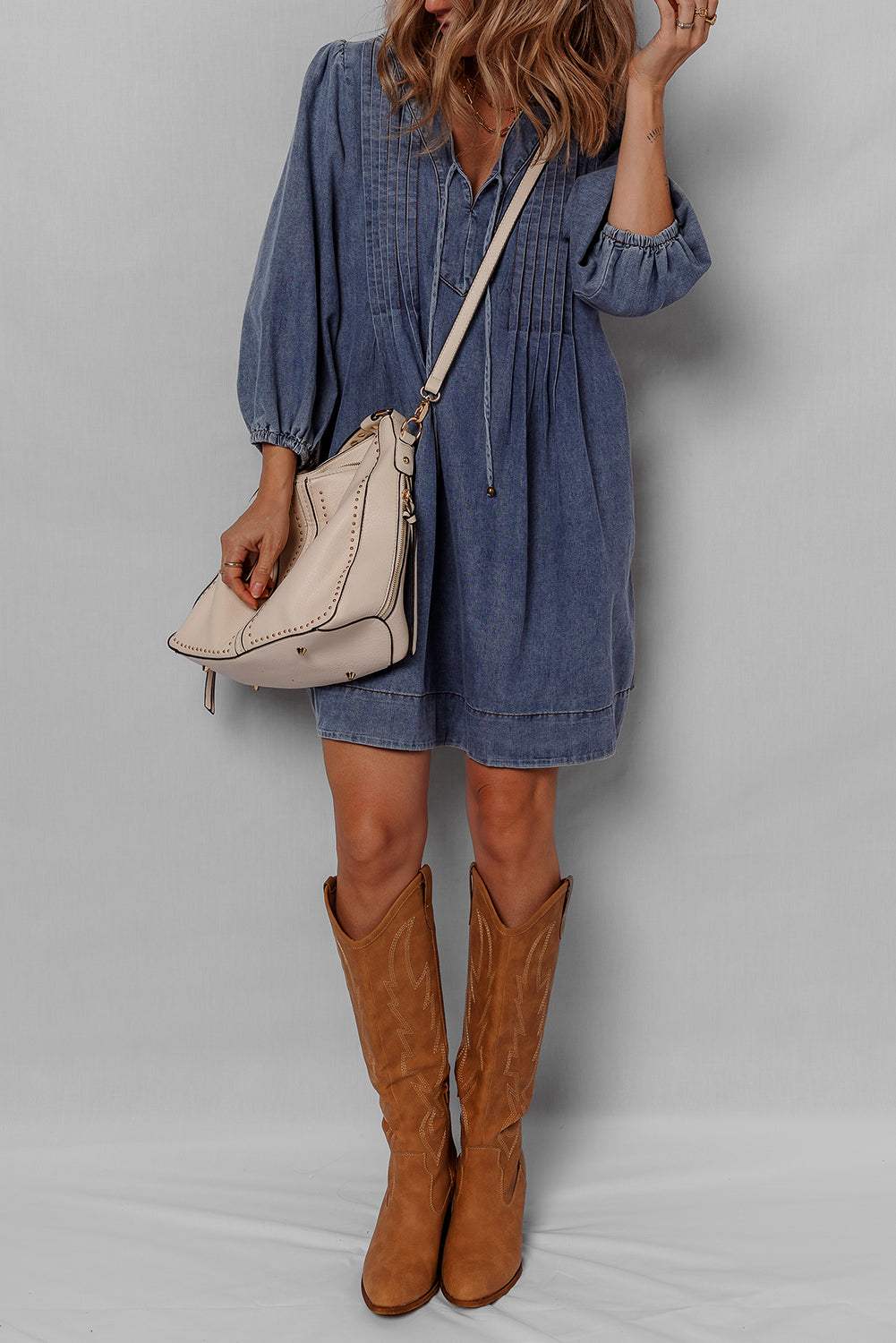 Sail Blue 3/4 Sleeve Tied V Neck Pleated Denim Mini Dress JT's Designer Fashion