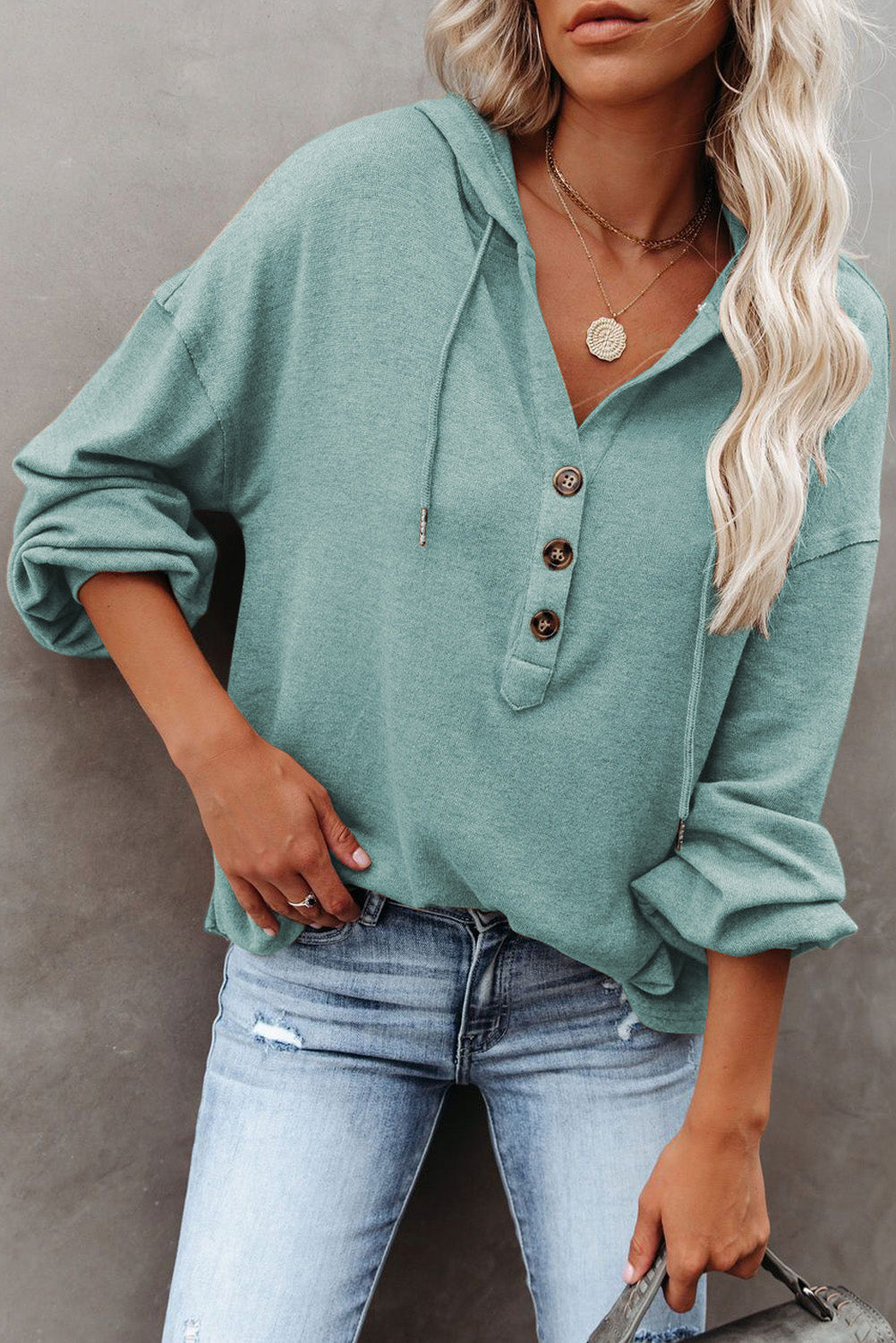 Buttoned High and Low Hem Hoodie Sweatshirts & Hoodies JT's Designer Fashion