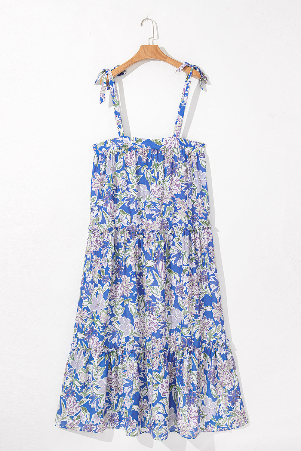Sky Blue Floral Print Self-tie Straps Flowy Ruffle Long Dress Maxi Dresses JT's Designer Fashion