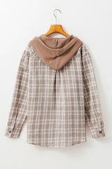 Khaki Checkered Print Loose Fit Buttoned Hooded Shacket Plaid Shackets JT's Designer Fashion