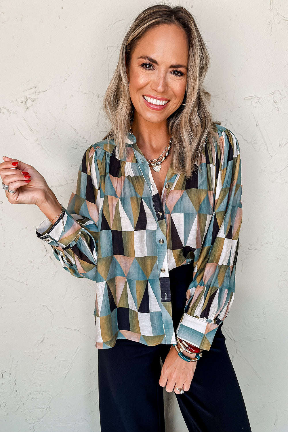 Green Geometric Print Buttoned Balloon Sleeve Loose Fit Shirt Blouses & Shirts JT's Designer Fashion