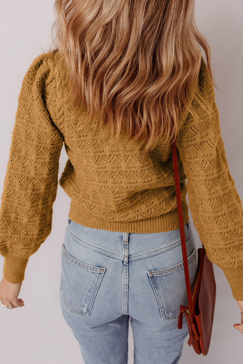 Jurassic Gold Hollow Out Crochet Ribbed Edge Balloon Sleeve Sweater Sweaters JT's Designer Fashion