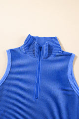 Sky Blue Corded Collared Half Zip Tank Top Two Piece Shorts Set Short Sets JT's Designer Fashion