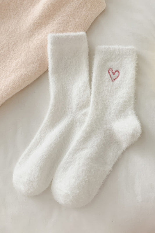 White Heart Embroidered Soft Thick Crew Socks Socks JT's Designer Fashion