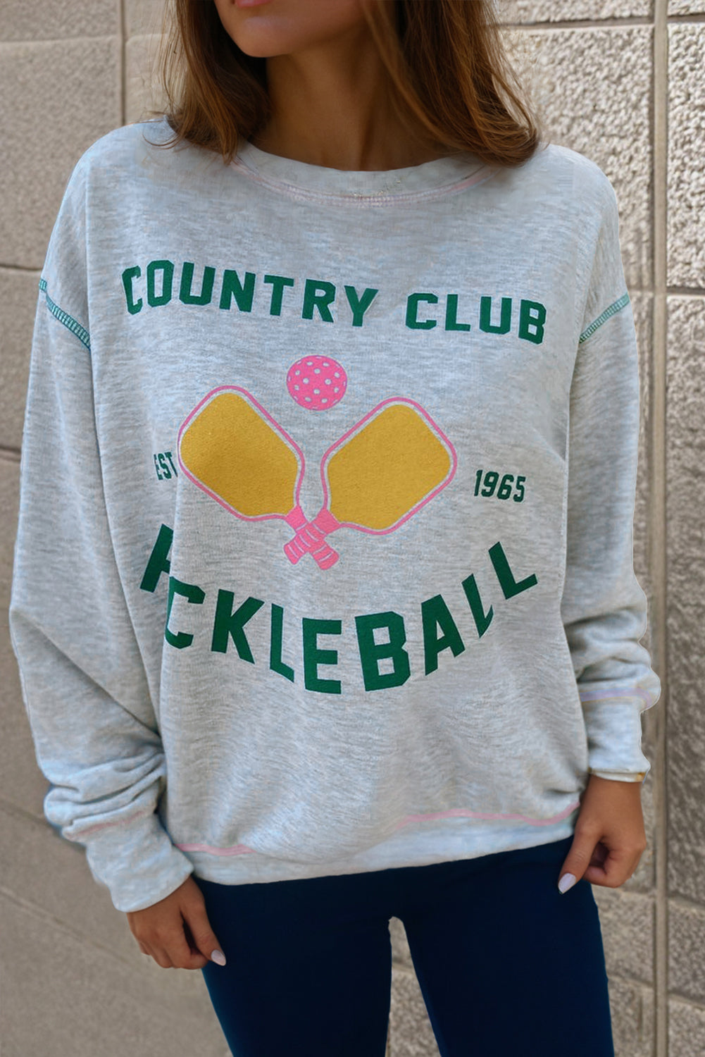 Light Grey COUNTRY CLUB PICKLEBALL Graphic Exposed Stitching Casual Sweatshirt Sweatshirts & Hoodies JT's Designer Fashion
