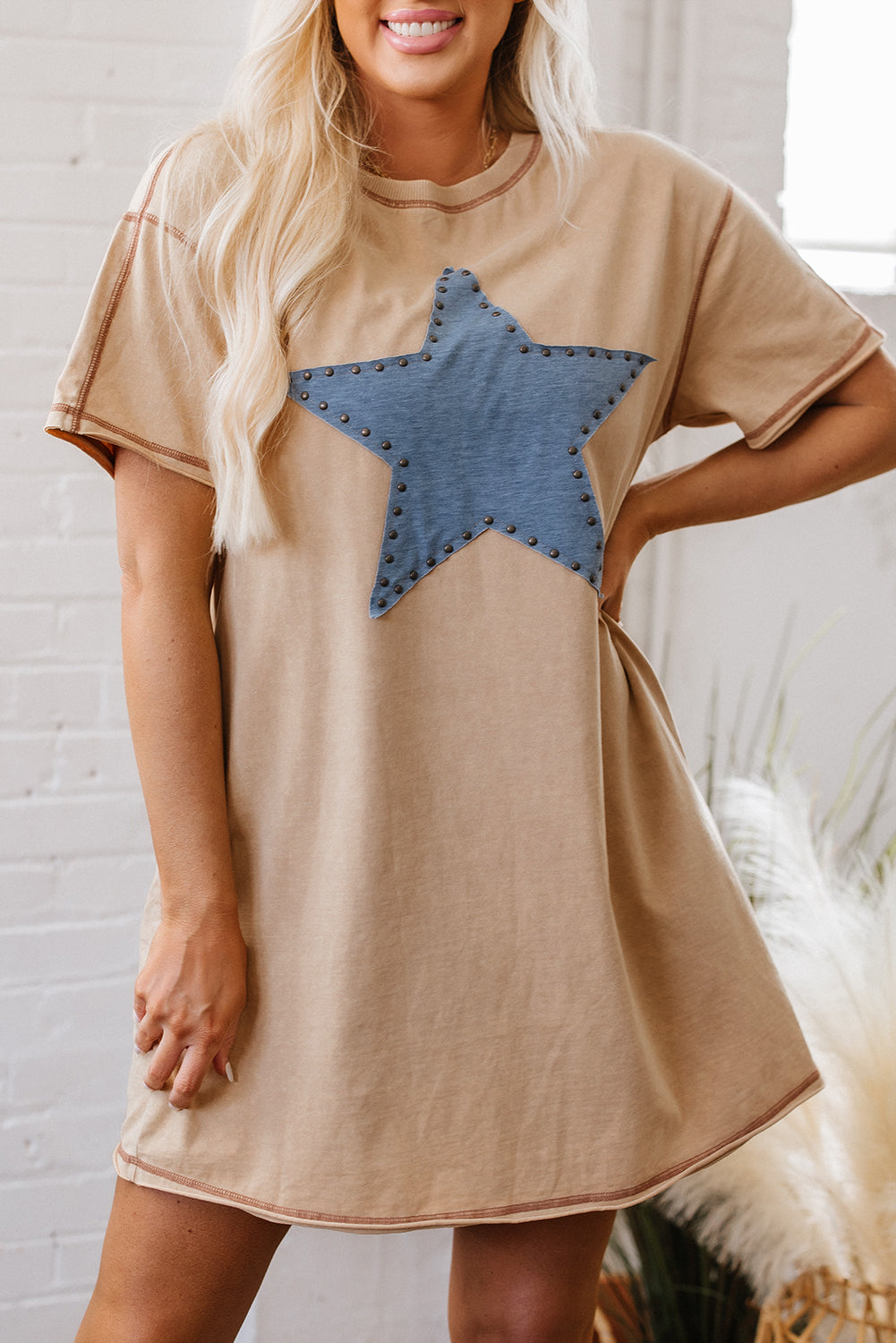 Pale Khaki Mineral Wash Stud Beaded Star Graphic Pocketed T Shirt Dress Pale Khaki 95%Cotton+5%Elastane T Shirt Dresses JT's Designer Fashion