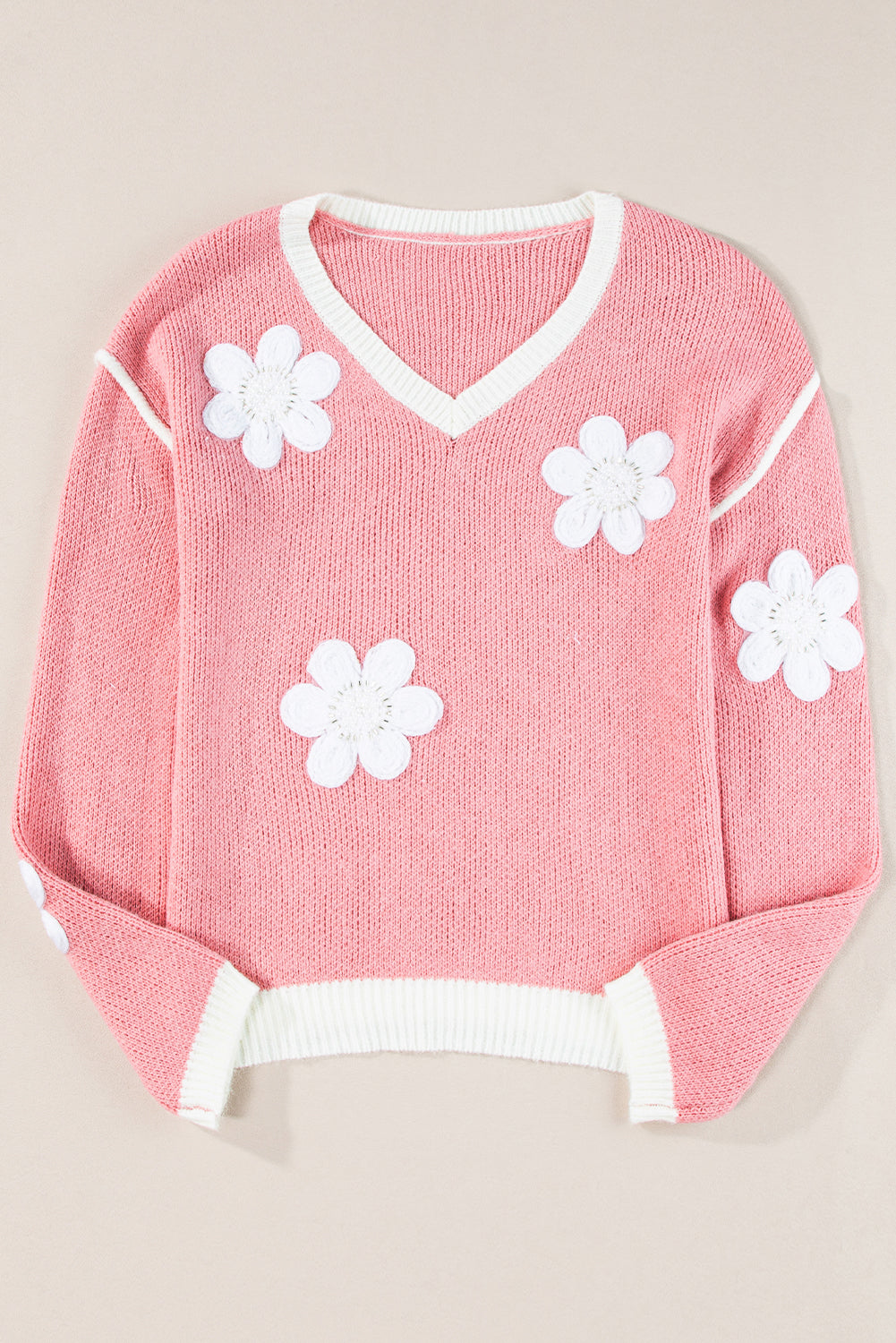 Pink Flower V Neck Dropped Shoulder Sweater Sweaters JT's Designer Fashion