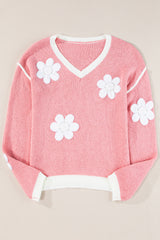 Pink Flower V Neck Dropped Shoulder Sweater Sweaters JT's Designer Fashion