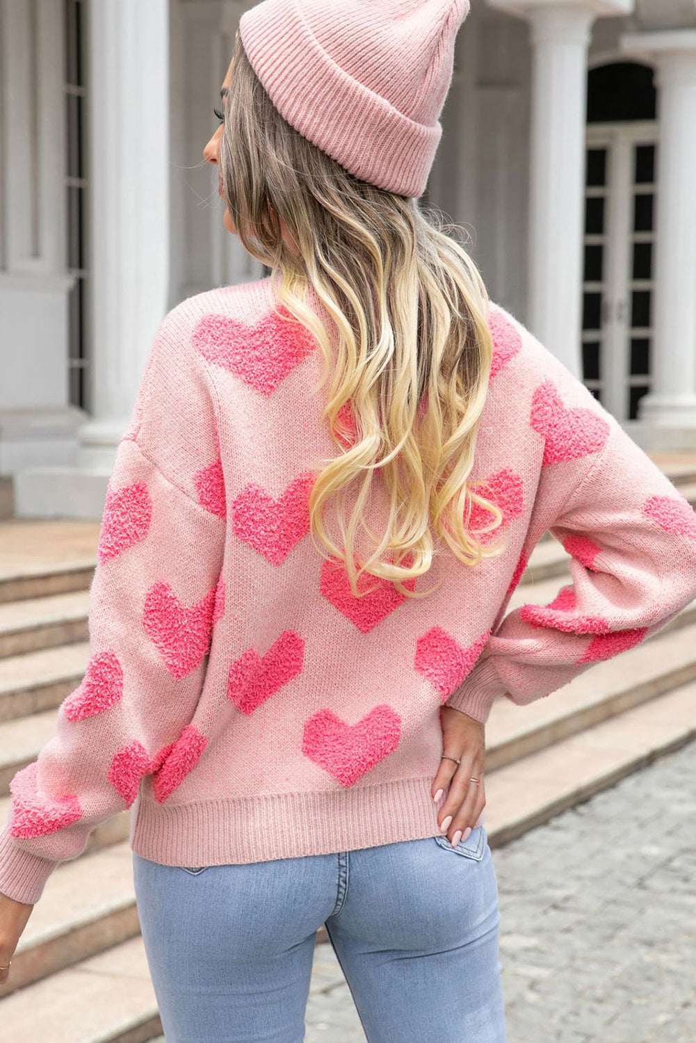 Light Pink Valentine's Day Heart Jacquard Knit Sweater Sweaters JT's Designer Fashion