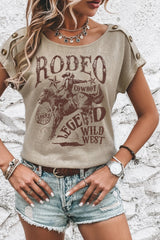 Smoke Gray RODEO Cowboy Graphic Buttoned Batwing Sleeve T Shirt Graphic Tees JT's Designer Fashion