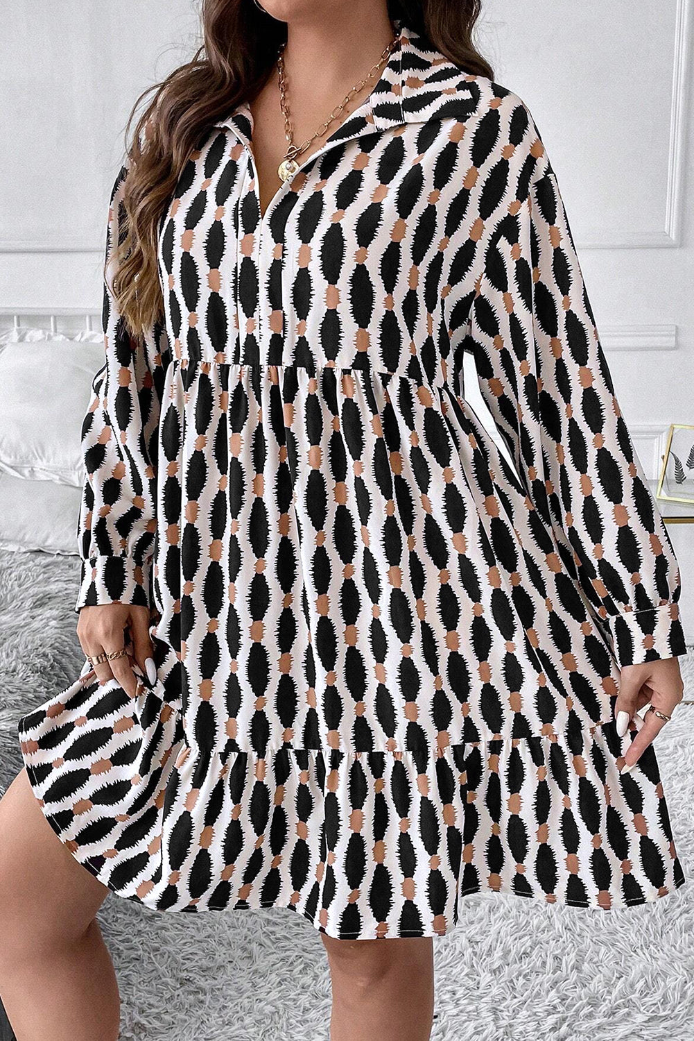 Apricot Geometric Print Collared V Neck Plus Size Mini Dress Plus Size Mini Dresses JT's Designer Fashion