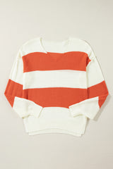 Orange Stripe Loose Color Block Drop Shoulder Bubble Sleeve Sweater Sweaters JT's Designer Fashion