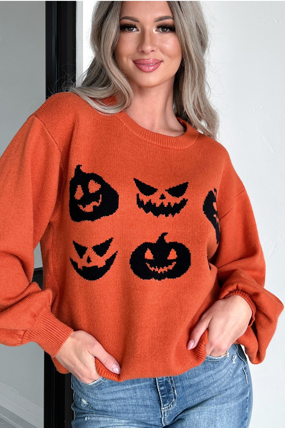 Orange Halloween Pumpkin Face Pattern Drop Shoulder Sweater Sweaters JT's Designer Fashion