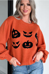 Orange Halloween Pumpkin Face Pattern Drop Shoulder Sweater Sweaters JT's Designer Fashion