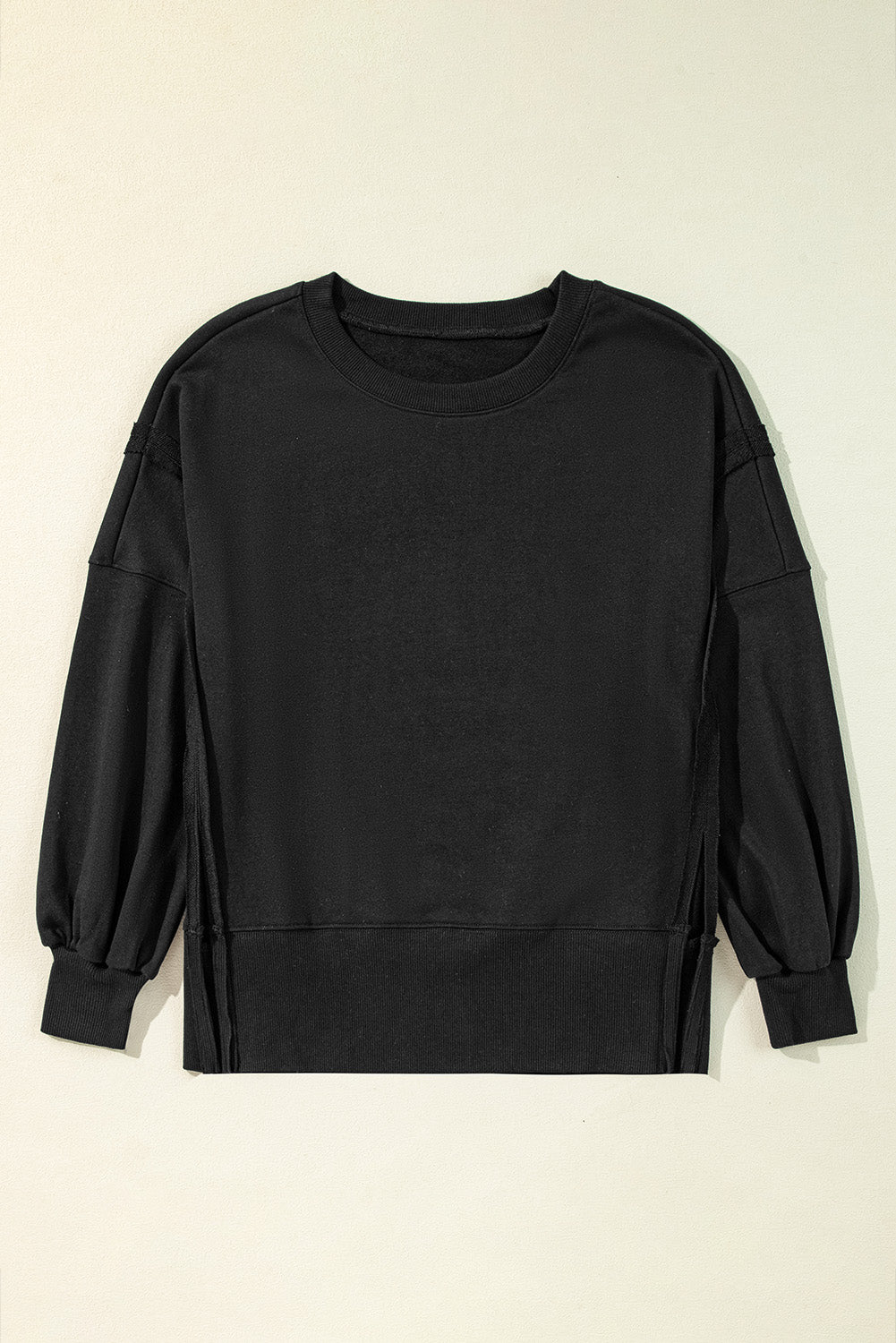 Black Exposed Seam Drop Shoulder Round Neck Sweatshirt with Slits Sweatshirts & Hoodies JT's Designer Fashion
