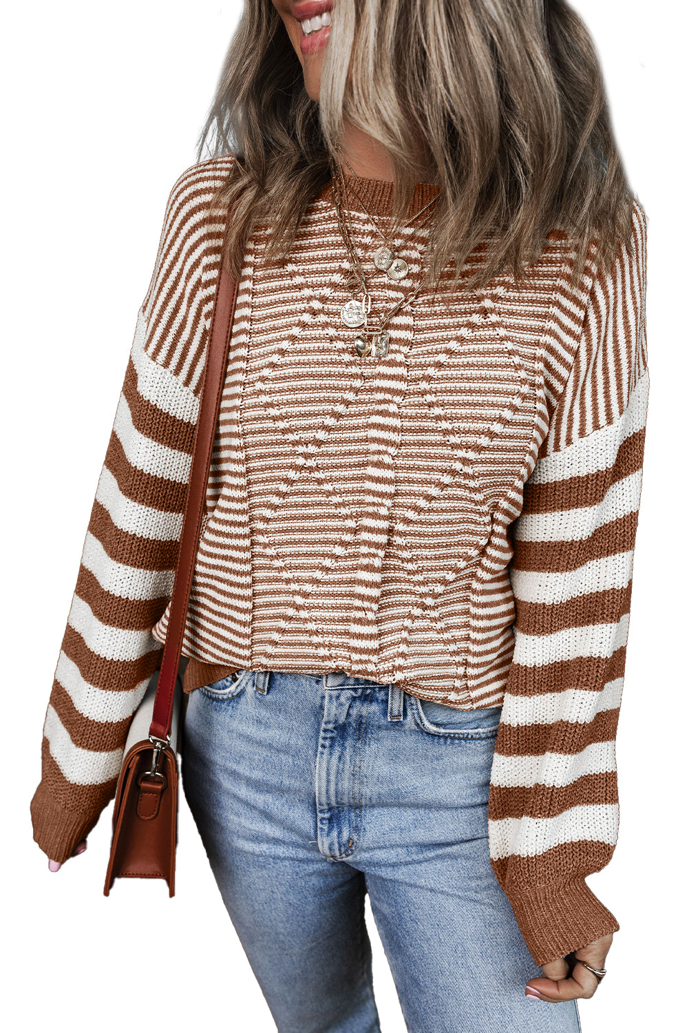 Brown Stripe Geometric Textured Drop Shoulder Sweater Sweaters JT's Designer Fashion