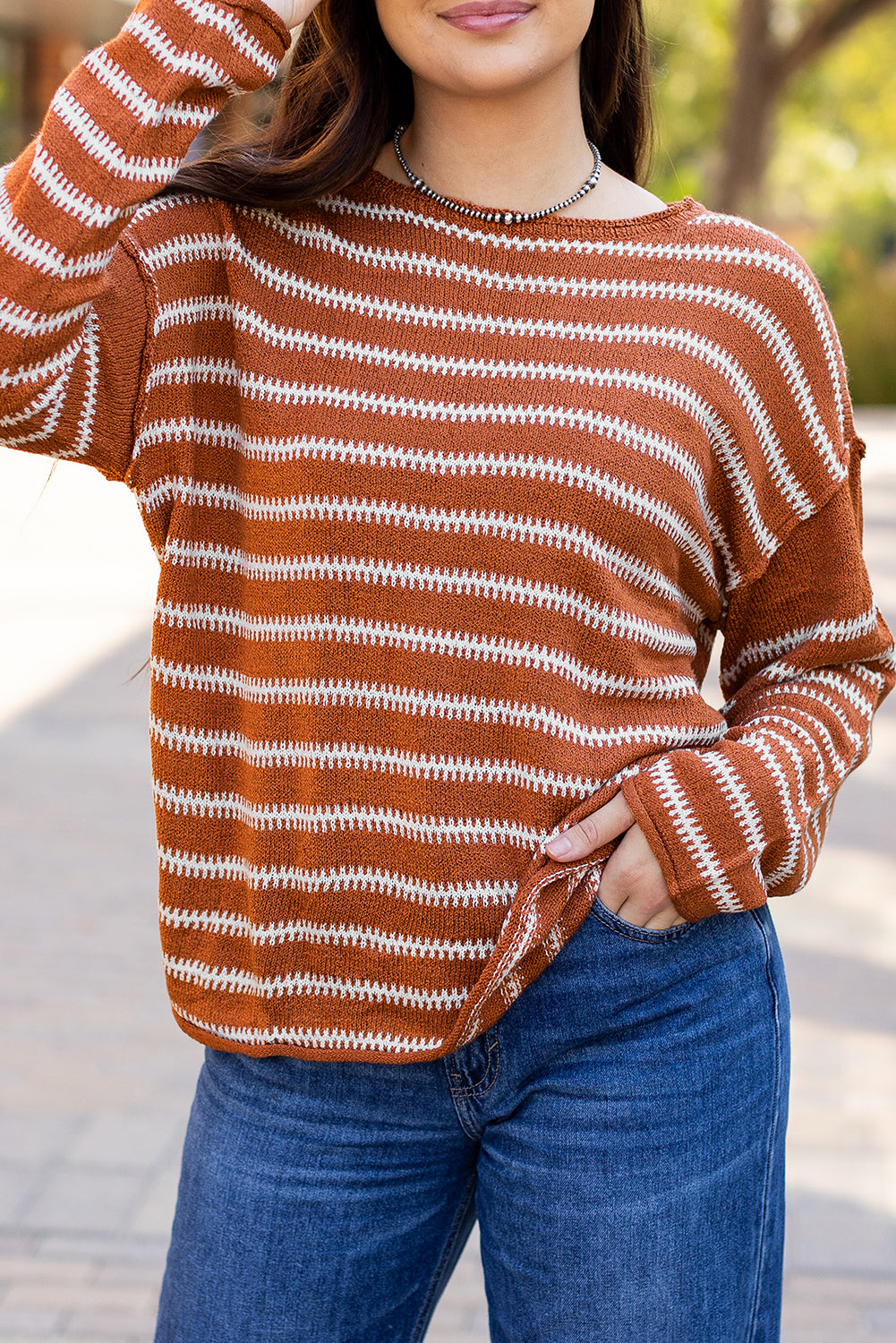 Brown Stripe Drop Shoulder Casual Sweater Sweaters JT's Designer Fashion