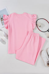 Pink Textured Pearled Ruffled Sleeve Wide Leg Pants Set Pant Sets JT's Designer Fashion