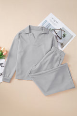 Light Grey Solid Textured Collared V Neck Top and Wide Leg Pants Set Pant Sets JT's Designer Fashion