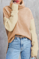 Pale Chestnut Color Block Turtle Neck Drop Shoulder Knit Sweater Pale Chestnut 65%Acrylic+35%Polyester Sweaters JT's Designer Fashion