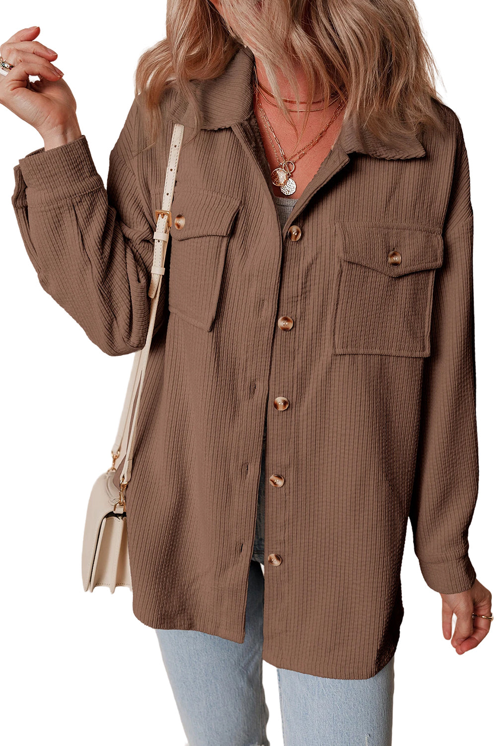 Chestnut Corduroy Flap Pocket Button Up Shacket Jackets JT's Designer Fashion