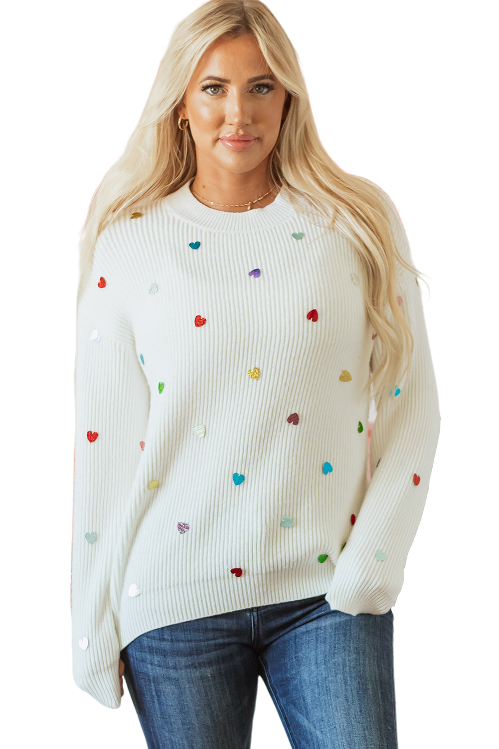 Beige Sequin Heart Shape Waffle Knit Round Neck Sweater Sweaters JT's Designer Fashion