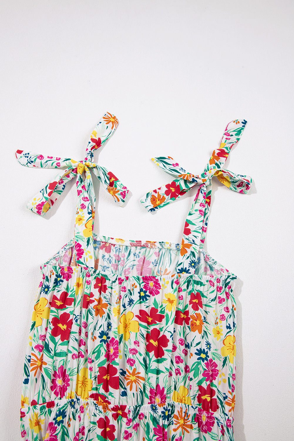 Red Floral Knotted Straps Cinched Waist Ruffle Hem Mini Dress Floral Dresses JT's Designer Fashion