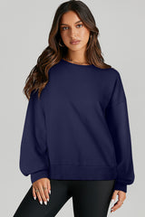 Navy Blue Solid O Neck High Low Hem Pullover Sweatshirt Sweatshirts & Hoodies JT's Designer Fashion