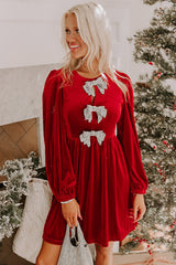 Fiery Red Bowknot Decor High Waist Velvet Mini Dress Mini Dresses JT's Designer Fashion