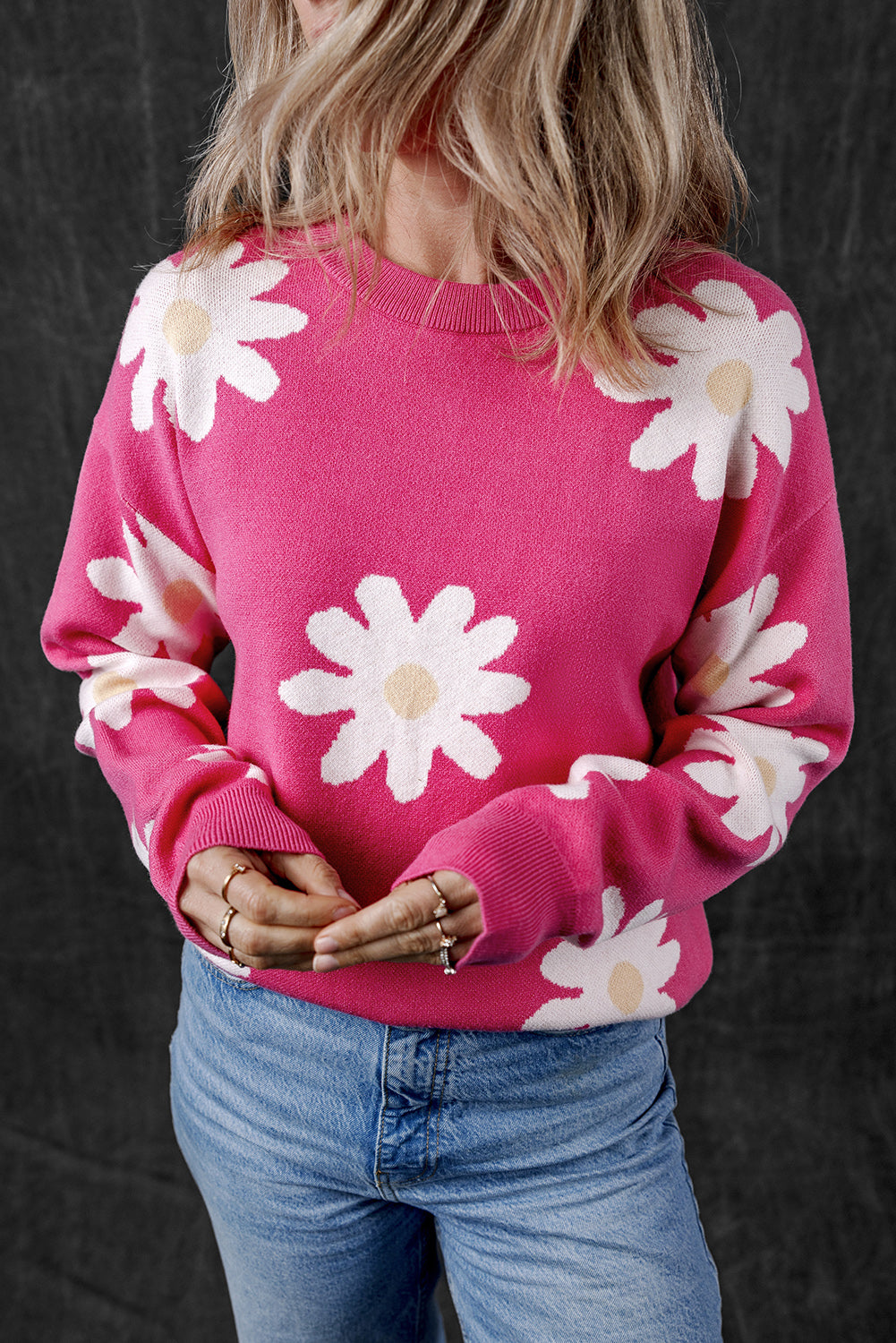Bright Pink Daisy Flower Crew Neck Long Sleeve Sweater Sweaters JT's Designer Fashion