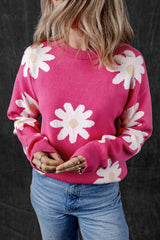 Bright Pink Daisy Flower Crew Neck Long Sleeve Sweater Sweaters JT's Designer Fashion