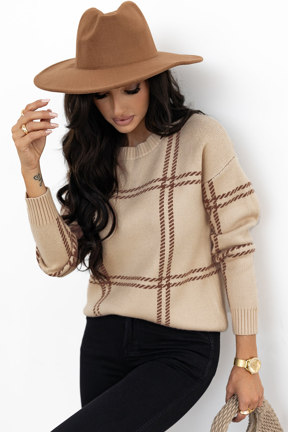 Khaki Plaid Pattern Knitted Drop Shoulder Sweater Sweaters JT's Designer Fashion